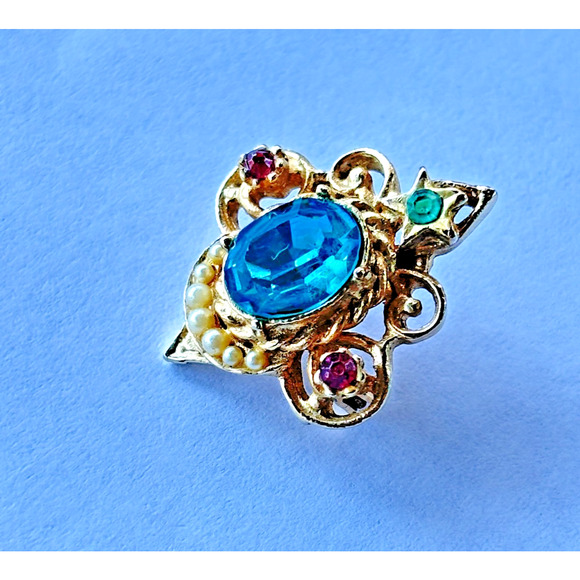 Coro signed vintage aqua blue rhinestone & faux pearl brooch pin goldtone 1" - Picture 7 of 13